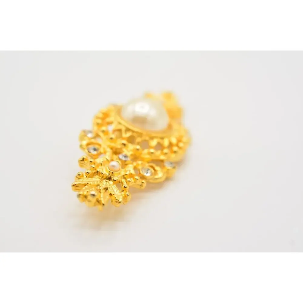 Vintage Pin Brooch Brushed Gold White Pearl Bar Rhinestone Crystal 1980s BinAL